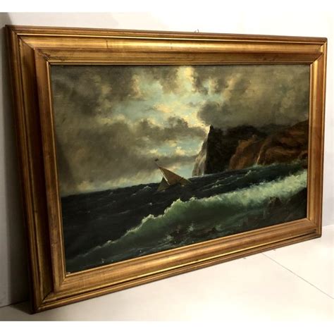 Antico Quadro Dipinto Olio Paesaggio Marina Promontorio Mare Tempesta