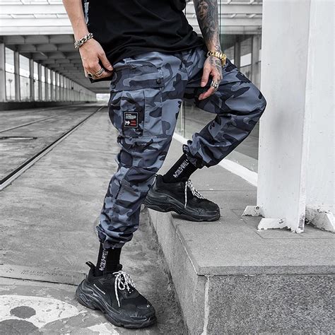 New Blue Camo Cargo Pants Men Tactical Pocket Trousers Hip Hop Casual