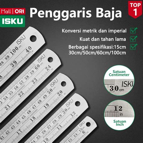 Jual ISKU Penggaris Besi 15 30 50 60 100cm Stainless Steel Ruler