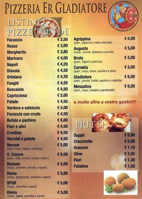 Menu At Pizzeria Er Gladiatore Rome