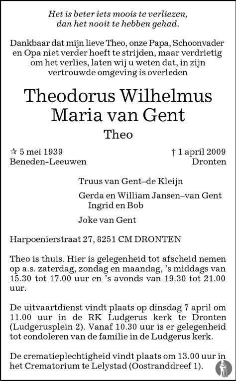 Theodorus Wilhelmus Maria Theo Van Gent 01 04 2009 Overlijdensbericht