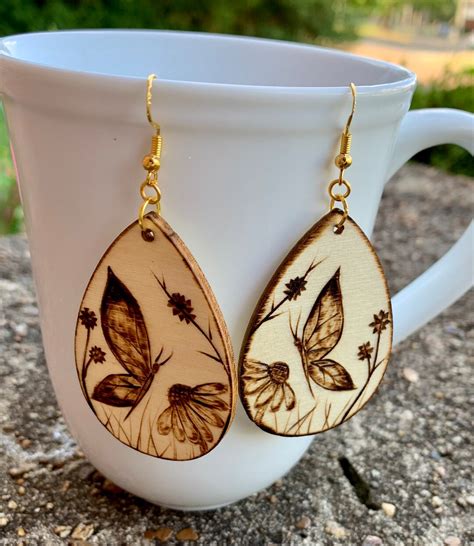 Butterfly Earrings Wood Burned Earrings Teardrop Wood Etsy