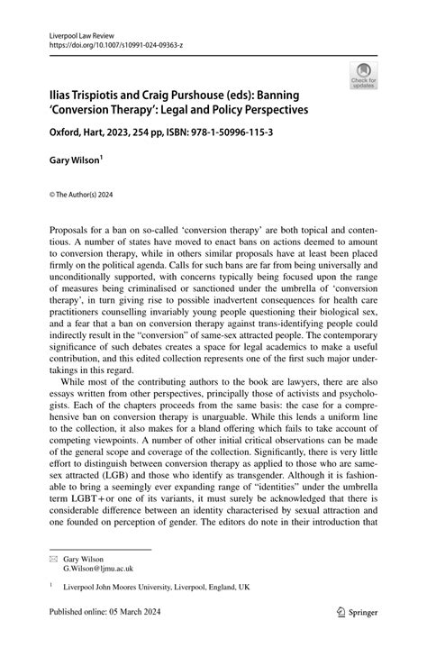 Pdf Ilias Trispiotis And Craig Purshouse Eds Banning ‘conversion Therapy’ Legal And Policy