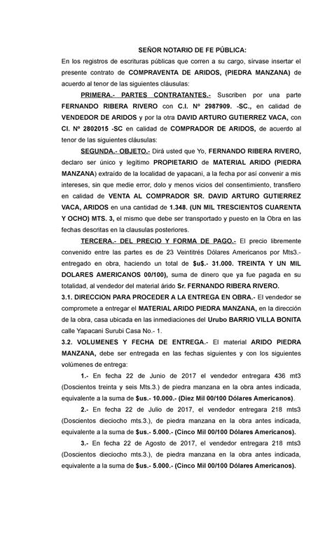 Contrato De Venta De Materia Arido SeÑor Notario De Fe PÚblica En