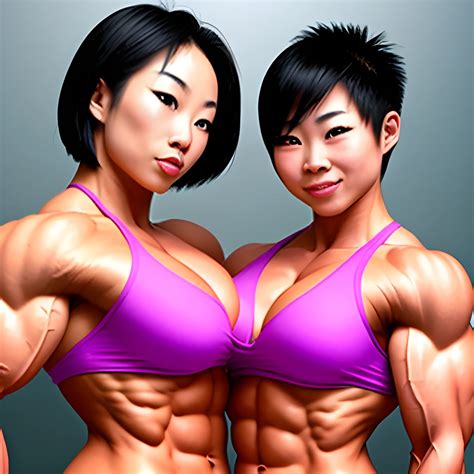 Two sexy Asian female bodybuilders kissing. They have short hair, large