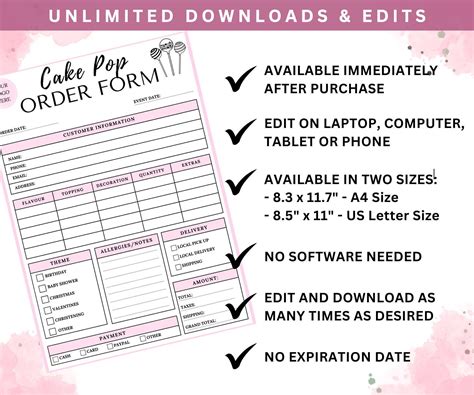Editable Cake Pop Order Form Cake Pop Template Canva Template Bakery