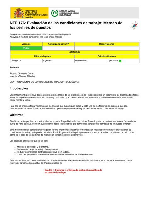 PDF NTP 176 Evaluación de las condiciones de trabajo Método de los