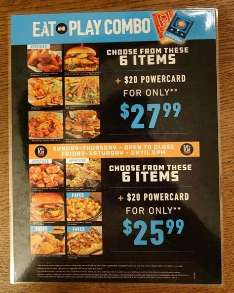 DAVE BUSTER S Eat And Play Combo Restaurant Menu Laminated EBay