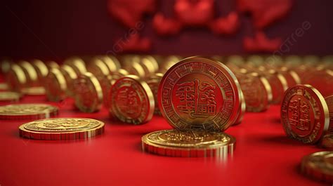 Chinese Yuanbao Ingots 3d Gold Coins On A Festive Red Background