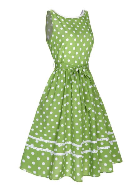 Green 1950s Polka Dot Lace Binding Dress Retro Stage