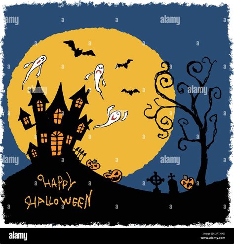 Hand Drawn Halloween Illustration Of Haunted House And Full Moon Bats