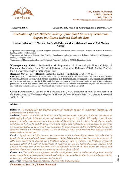 Pdf Evaluation Of Anti Diabetic Activity Of The Plant Leaves Of