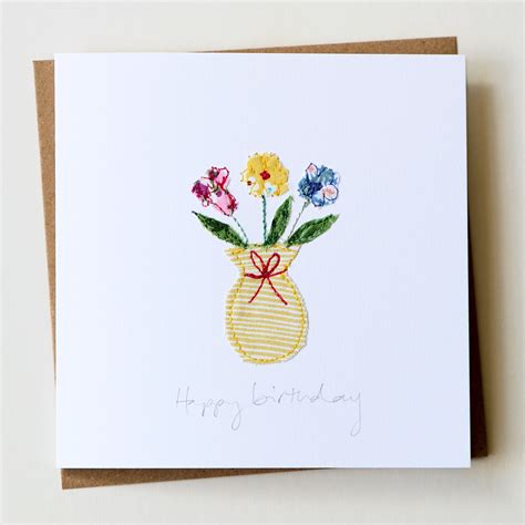 Birthday Flowers Card Handmade Embroidered Floral Design