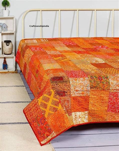 Indian Patchwork Quilt Patola Silk Kantha Quilt King Twin All Etsy