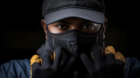 Premium Photo A Man Wearing A Black Mask With A Yellow Logo On It