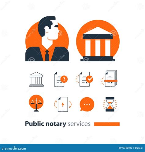 Public Notary Services Icons Set Law Firm Man Advocacy Consult