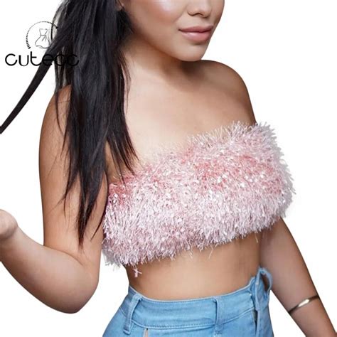 Elegant Sexy Women Clubwear Faux Fur Soft Tassel Crop Tops Solid Off Shoulder Strapless Camis