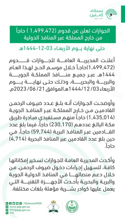 الجوازات قدوم 1499472 حاجاً من خارج المملكة عبر المنافذ الدولية