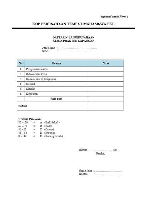 Detail Contoh Form Penilaian Koleksi Nomer