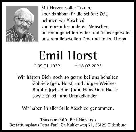 Traueranzeigen Von Emil Horst Nordwest Trauer De