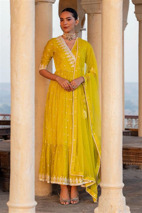 Buy Green Angrakha Cotton Mulmul And Dupatta Triangle Work Anarkali