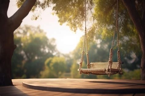 Premium Ai Image Old Wooden Terrace With Wicker Swing Hang On The Tree