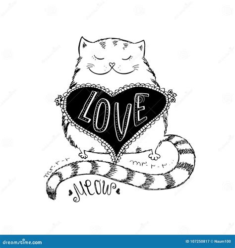 Gatto Sveglio Con Il Cuore Di Amore Illustrazione Vettoriale