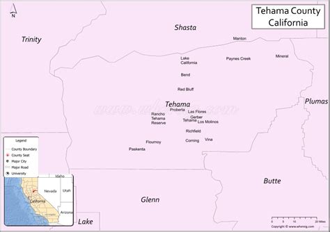 Map of Tehama County, California showing cities, highways & important ...