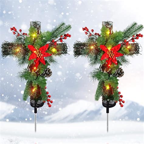 2 Pack Christmas Decorations Outdoor Solar Cross Stake Lights For Christmas Decor Ip65