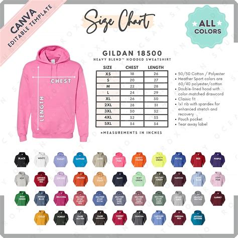 Gildan 18500 Size Color Chart Editable Canva Template G185 Hooded Sweatshirt G185 Size Chart