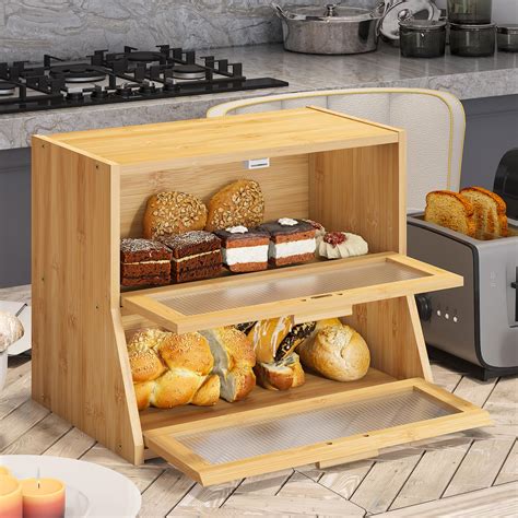 Bmosu Large Bread Box Double Layer Bamboo Bread Box For Kitchen Counter Container