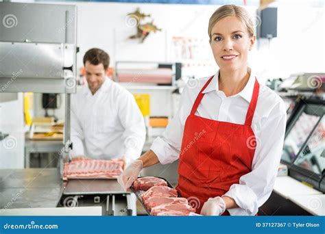 Smiling Butcher Holding Meat Tray At Store Stock Image Image Of Male