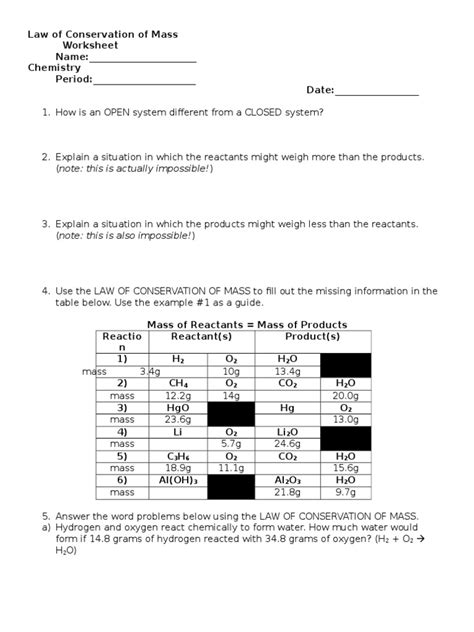 Law Of Conservation Of Mass Wkst Pdf Properties Of Water