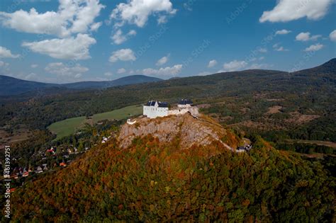 Füzér, Hungary - Aerial view of the famous castle of Fuzer built on a ...