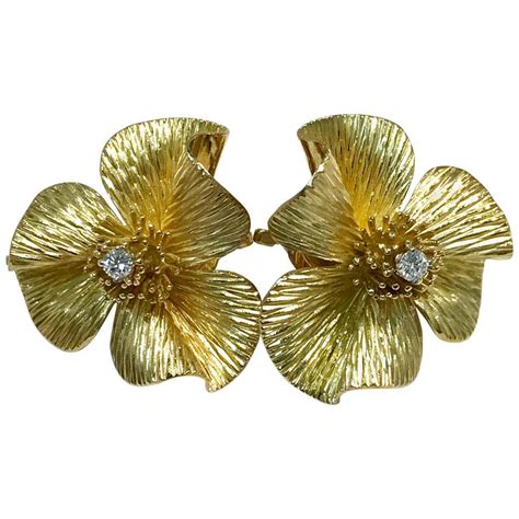 Frosted Crystal Diamond Gold Flower Earrings 1950s At 1stdibs