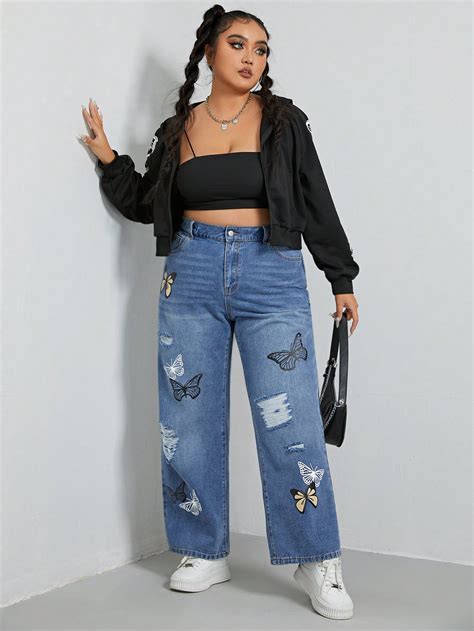 Plus Butterfly Print Ripped Straight Leg Jeans Shein Usa