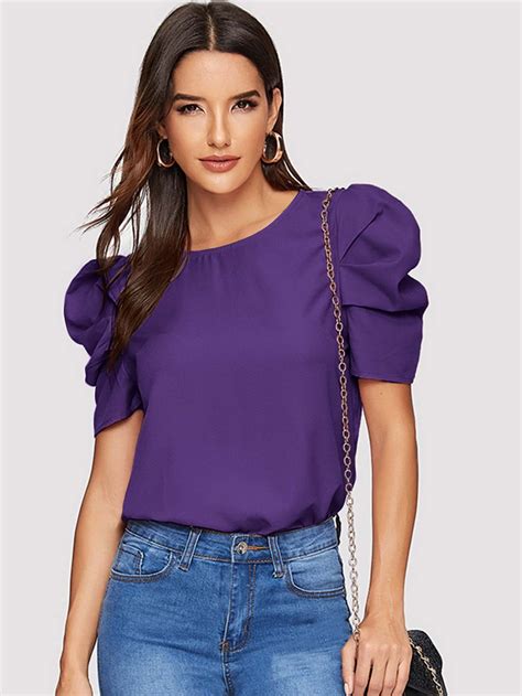 Button Keyhole Back Puff Sleeve Top Puff Sleeve Top Tops Women