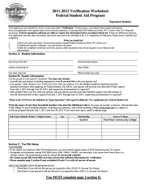 Fillable Online Prcc 2011 2012 Verification Worksheet Federal Student