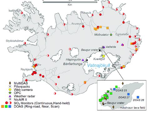 Map Of Iceland Showing The Locations Of The Ground Based Volcanic Cloud