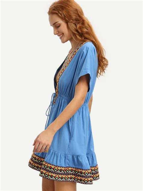 Blue V Neck Short Sleeve Tie Waist Dress Shein Sheinside