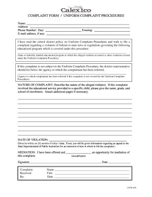 Fillable Online Cusdk Complaint Form Uniform Complaint Procedures Fax