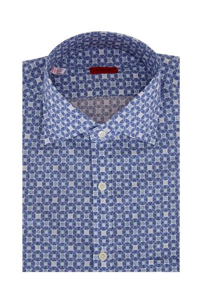 Isaia White Blue Medallion Print Sport Shirt