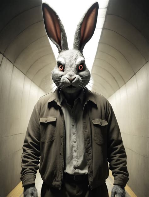 Premium Free ai Images | scary bunny man is in tunnel he has old clothes and he looks at the ...