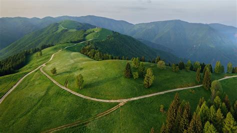 dawn, Italy, landscape, path, clouds, forest, trees, Veneto, aerial ...