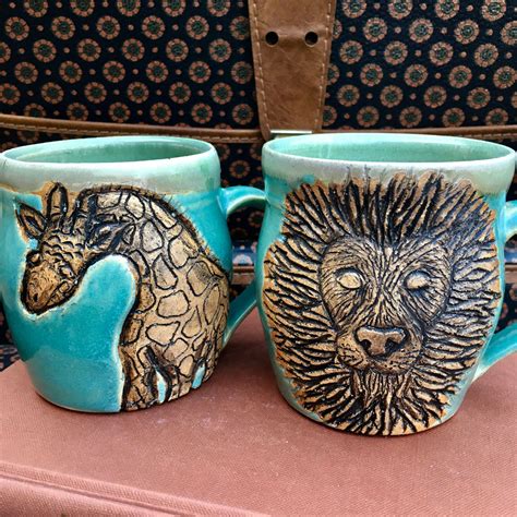 Hand Carved Lion And Giraffe Mug By Amanda Proctor Ceramics Pottery