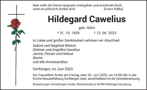 Traueranzeigen Von Hildegard Cawelius Saarbruecker Zeitung Trauer De