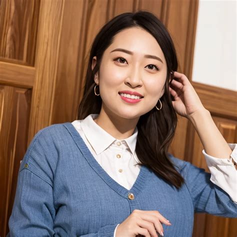 Arafed Woman In A Blue Sweater And White Shirt Posing For A Picture Seaart Ai