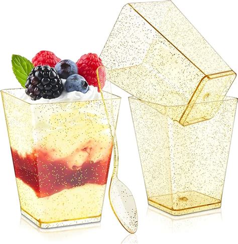 Qeirudu 5 Oz Gold Glitter Mini Dessert Cups With Spoons 50 Pack Plastic Parfait