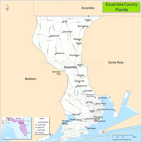 Map of Escambia County, Florida showing cities, highways & important ...