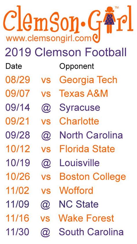 Clemson Football Printable Schedule